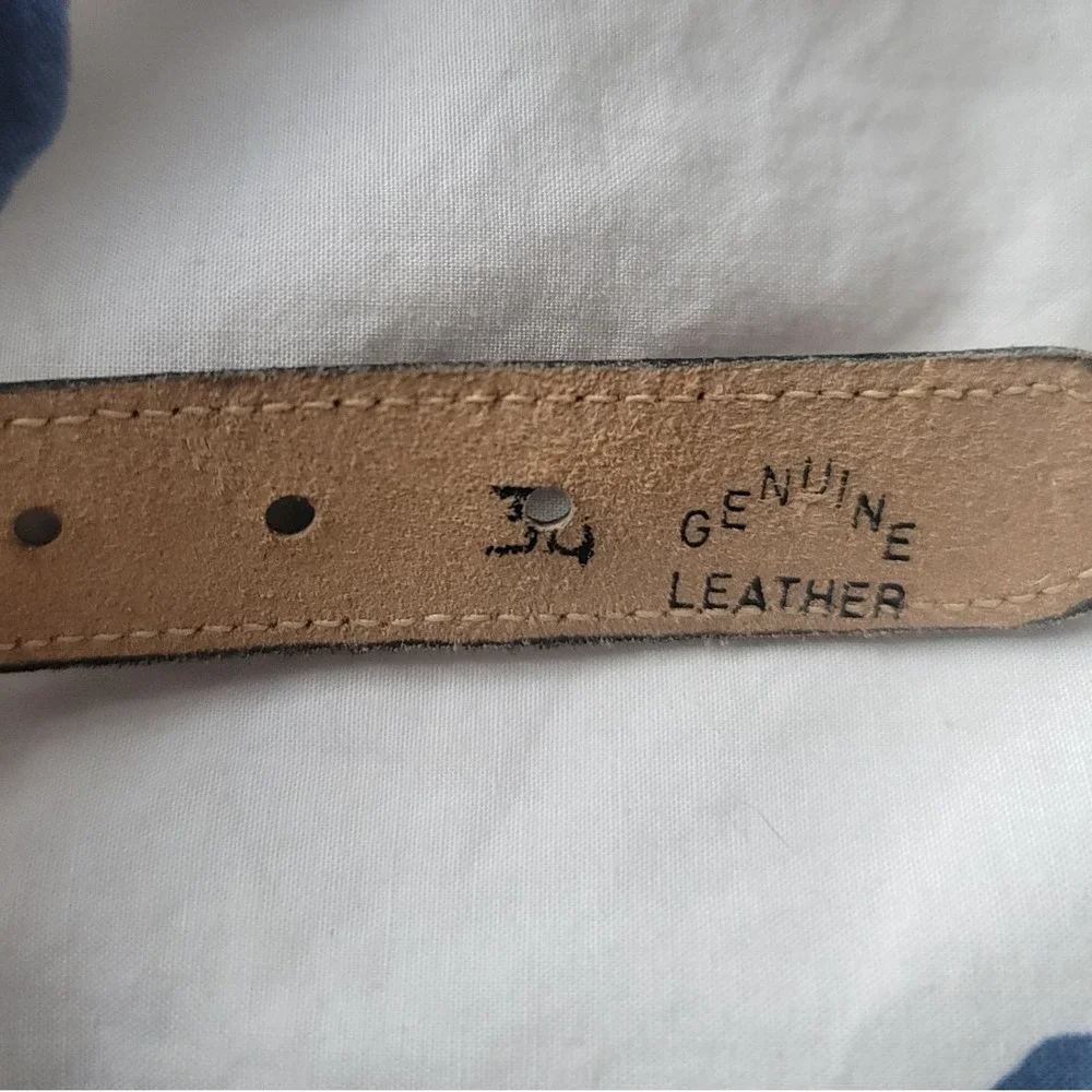 Mens Genuine Leather & Striped Canvas Belt Brass Buckle Size 36